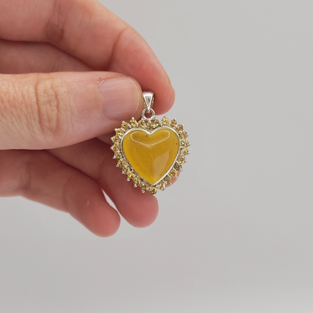 925 Sterling Silver Yellow Jade and Citrine Heart Shaped Pendant